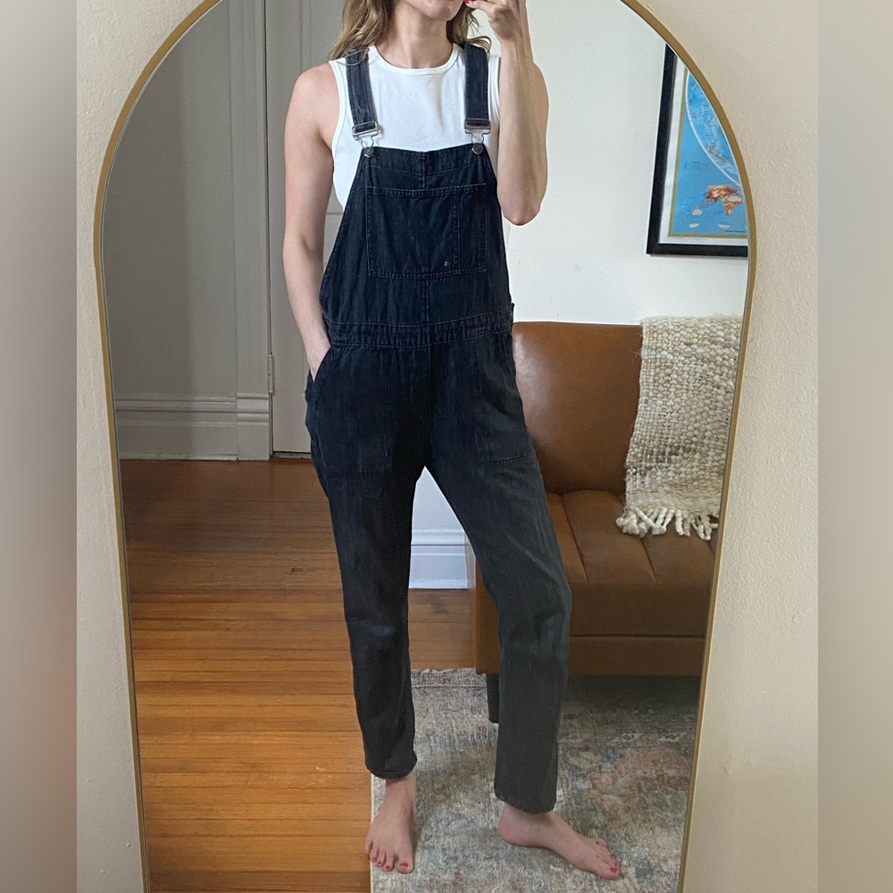 Tall black denim overalls